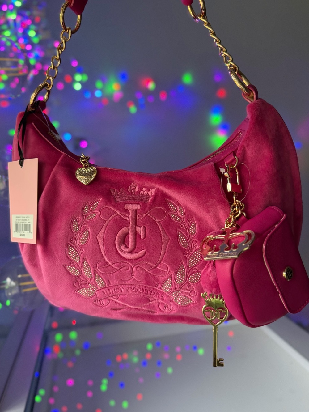 Juicy Couture sparkle royal tote pink Raspberry Tart hobo shoulder bag w/ charm
